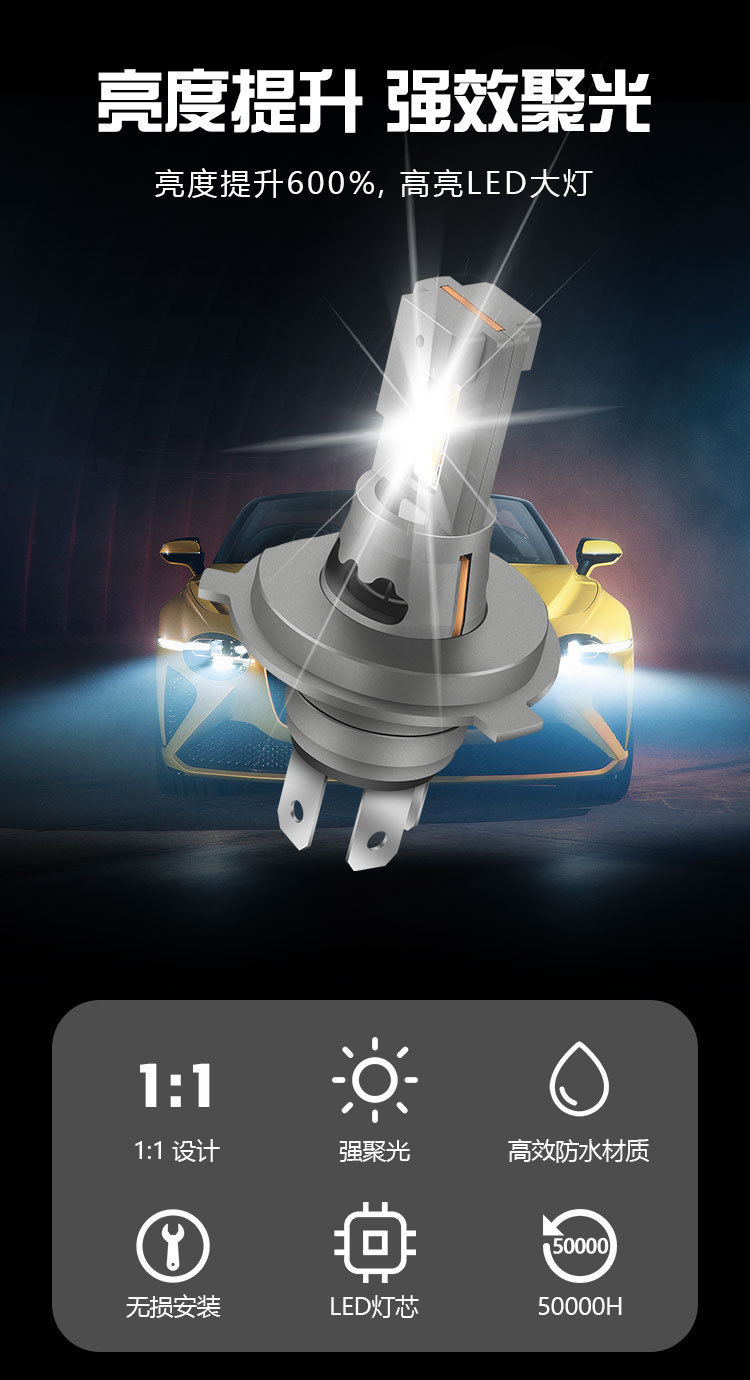 Cross-Border H4 Car Led Headlights 1:1 Design with Fan High-Brightness Plug-In Mini Led Headlights Far and Near Integrated