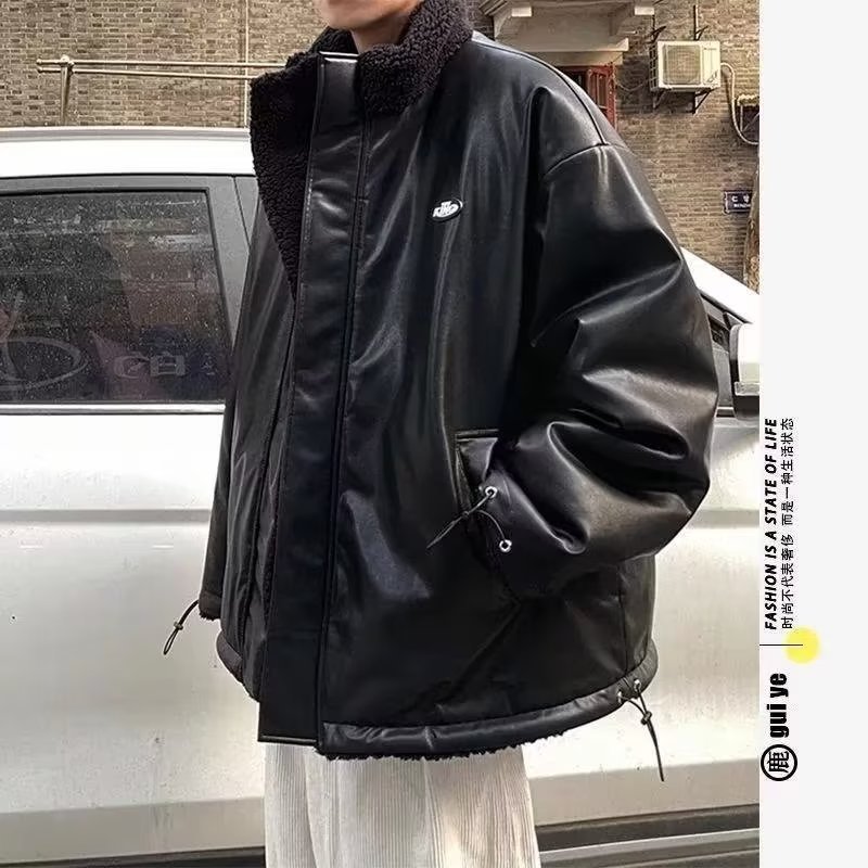 (2개) 가을과 겨울 양면 패딩 재킷 남성 패션 브랜드 느슨한 양고기 양털 코트 기모 두꺼운 따뜻한면 패딩 코트