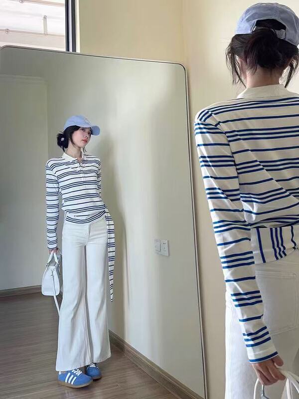 韩系polo领蓝条纹长袖t恤女秋季新款设计感小众气质减龄飘带上衣|undefined