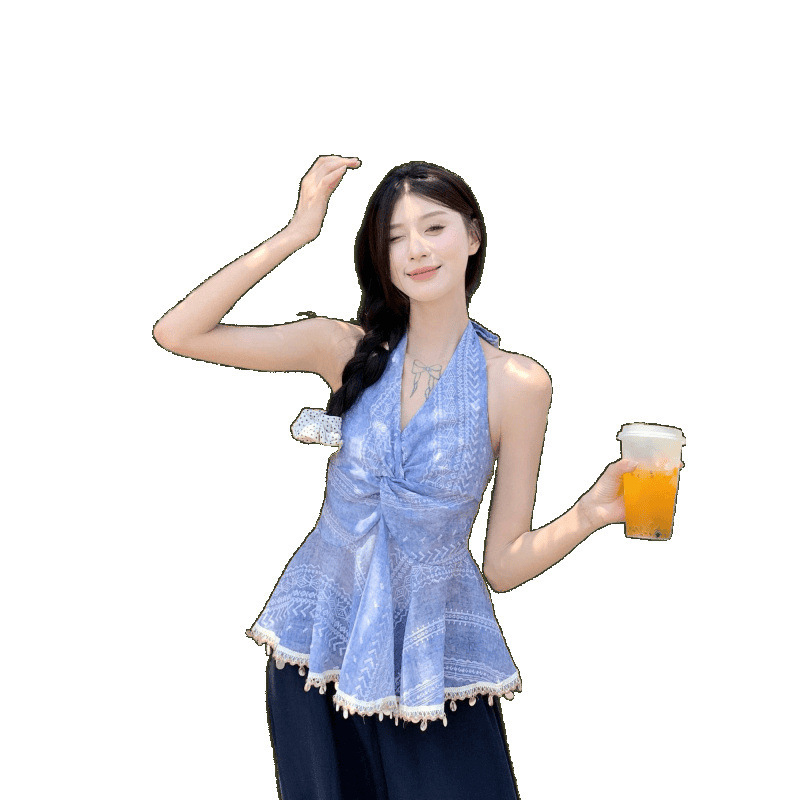 2025 新しい夏の韓国スタイルのヘビーデューティ V ネックビーズツイストショートホルターネックキャミソール女性のための|undefined