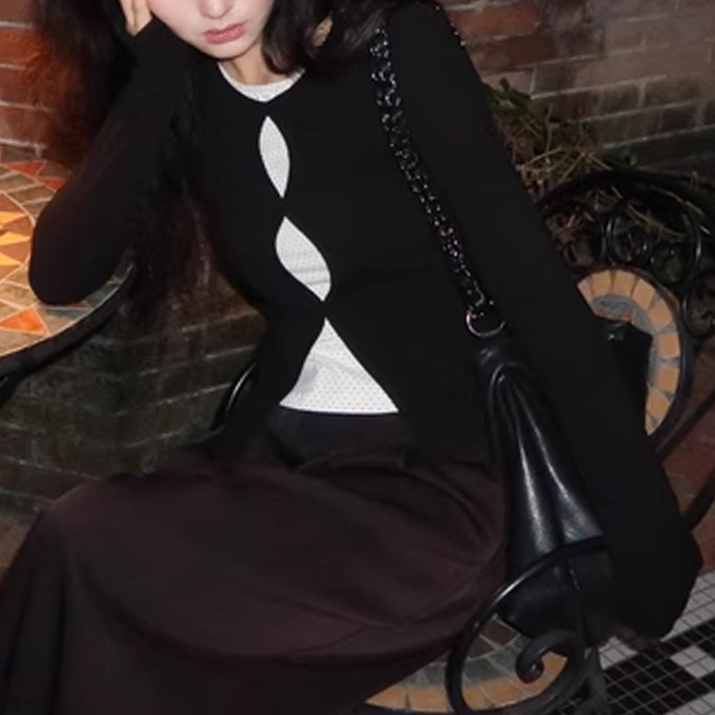 2025新款设计感假两件镂空波点长袖t恤女秋季新款修身针织上衣 潮|undefined