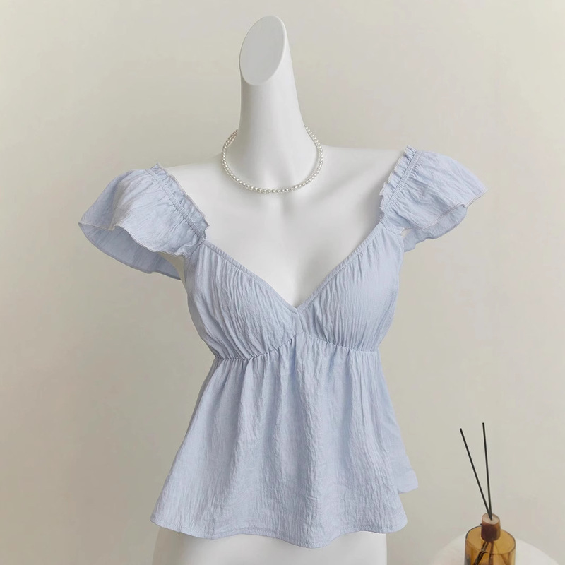 2025 Summer Thin Solid Color Slimming V-Neck Flutter Sleeve Versatile Top Sweet Backless Sexy Tank Top 2025 Summer Thin Solid Color Slimming V-Neck Flutter Sleeve Versatile Top Sweet Backless Sexy Tank Top