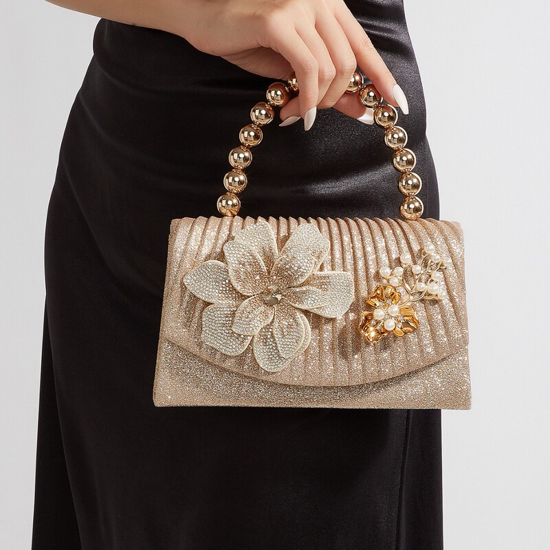 New Women's Evening Bag, Gold Sequined Pleated Handbag, Wedding Party Fashion Versatile Chain Bag New Women's Evening Bag, Gold Sequined Pleated Handbag, Wedding Party Fashion Versatile Chain Bag