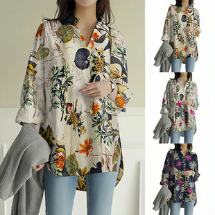 Cross-border Amazon Independent Station AliExpress EBAY Long Sleeve Loose plus size Cotton and Linen Printed Top Loose Trendy