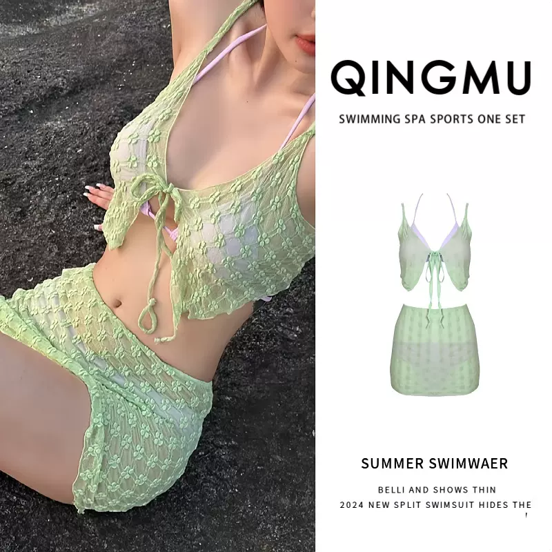 新款比基尼美式辣妹纯欲风蕾丝显瘦遮肚性感度假沙滩泡温泉泳衣女