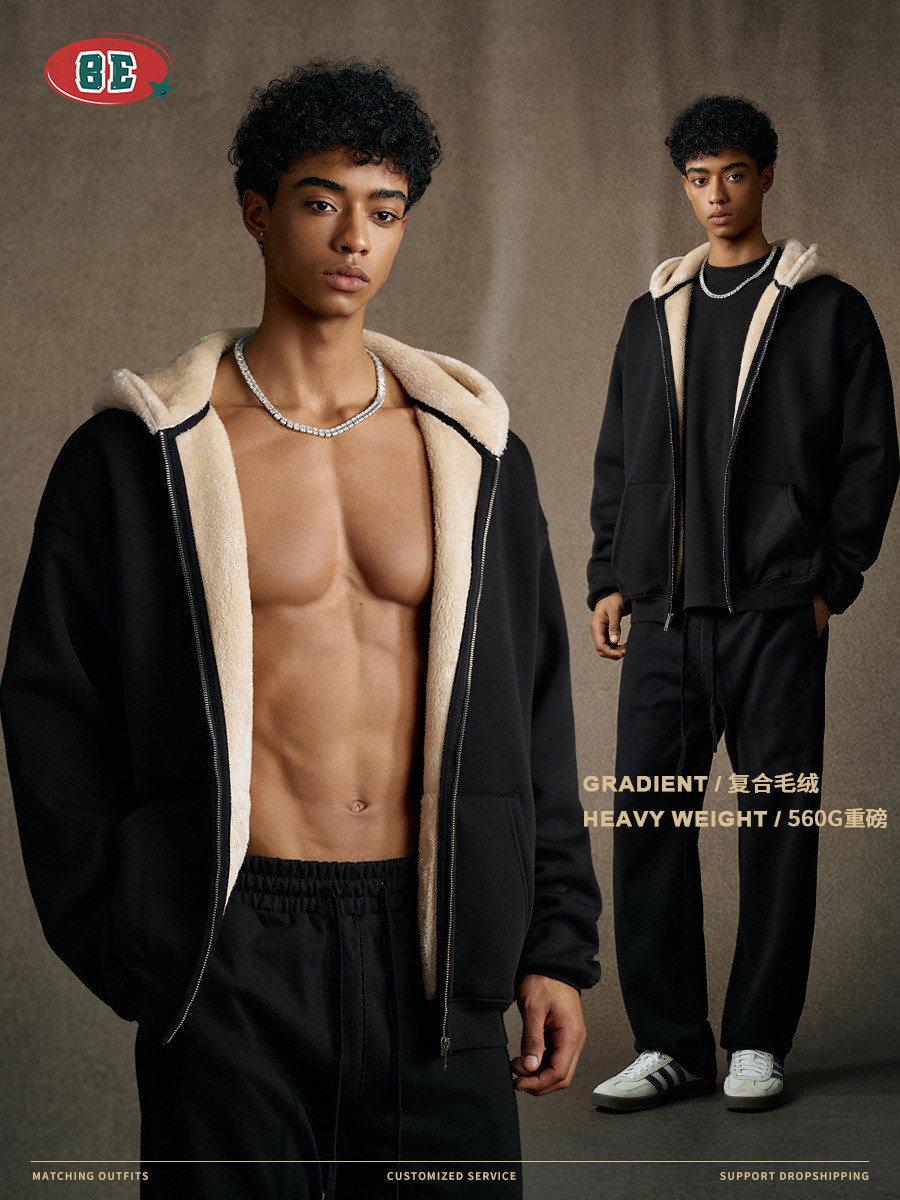 Be Hombres| 2025 otoño estilo americano de moda compuesto de peluche cardigan con capuz suéter con cremallera suelta chaqueta para hombre