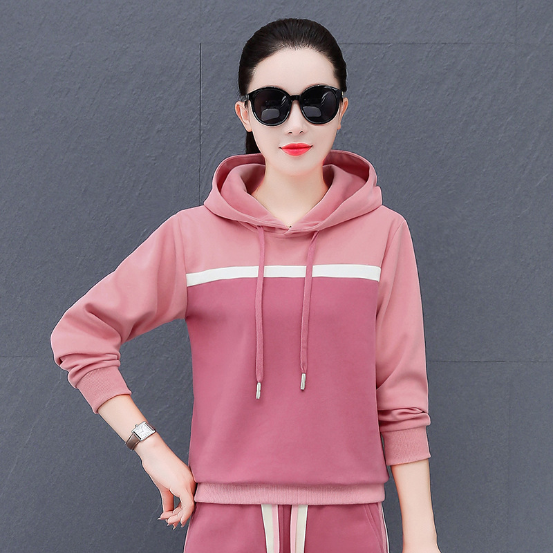 High Cotton contrast color casual long-sleeved pullover hooded sweater for women Spring and Autumn New Western style age-reducing outerwear bottoming T-shirt