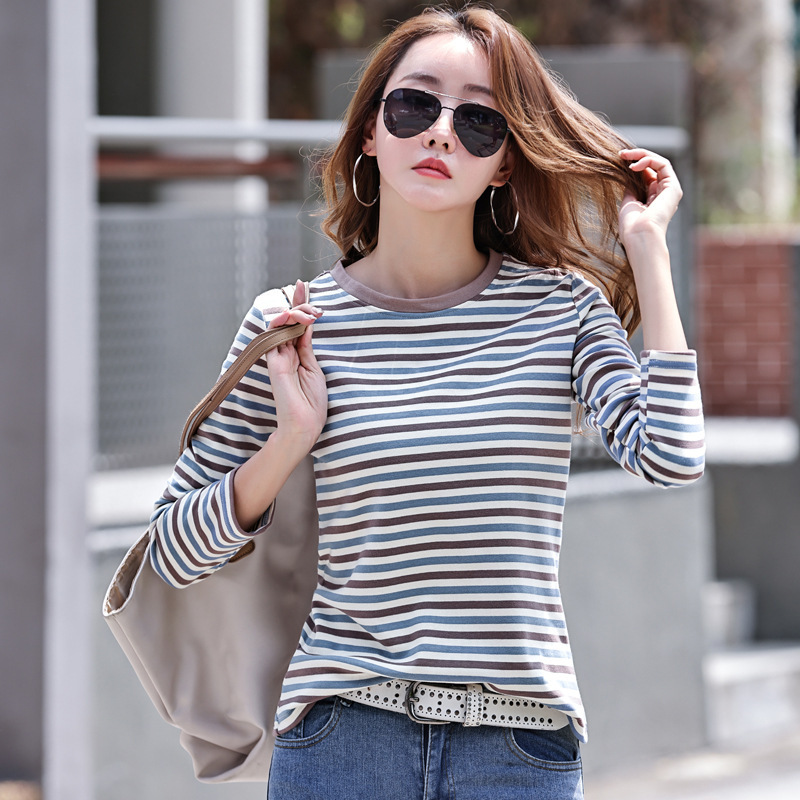 Dropshipping Autumn and Winter New Korean Style Stripesd Long-Sleeved T-Shirt for Women 95 Cotton Round Neck Tops Cross-Border Douyin Supply