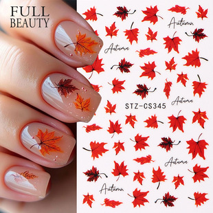 Cross-Border New Nail Art Stickers Autumn Thanksgiving Bright Red Maple Leaf English Adhesive Nail Stickers Wholesale