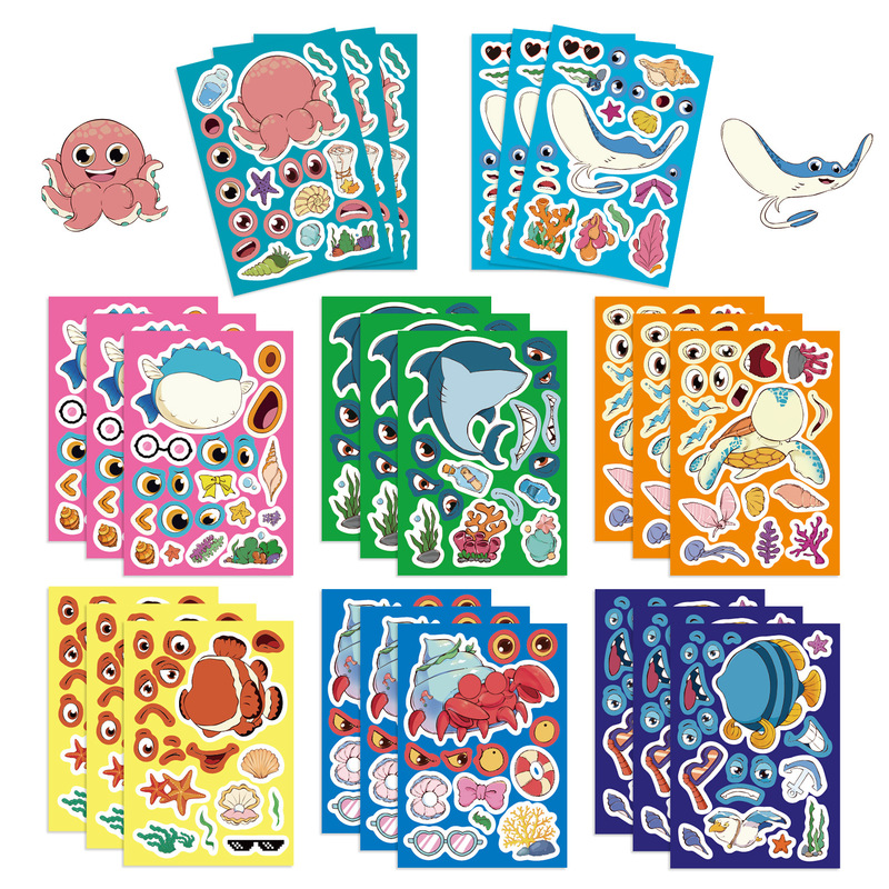 8 Cartoon Marine Animal Make a face Face Change Sticker DIY Hand Account Small Card Mobile Phone Shell Decoration Cross Border