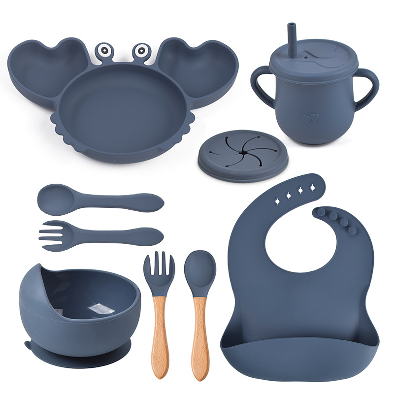 Set de vajilla para bebé de silicona de 9 piezas - Plato con forma de cangrejo, babero, plato dividido, cuchara, tenedor, taza