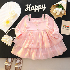 Fancy Princess Dress for Girls 2024 Spring Edition Sweet Long-Sleeved A-Line Dress for Spring and Autumn Seasons, Suitable for Young Children with Square Collar