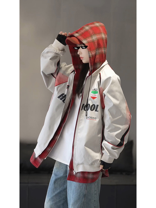 黑迟假两件格子外套男款春秋短款机车夹克cleanfit连帽情侣棒球服|undefined