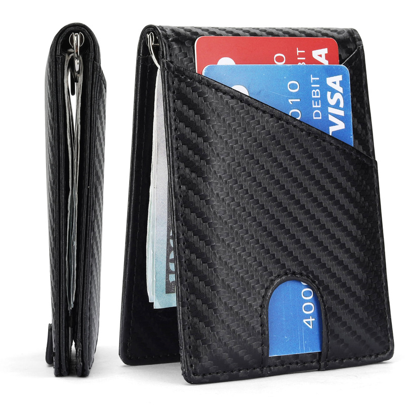 Cross-Border Cross-Over Solid Color Dollar Clip Carbon Fiber Pattern Card Holder Card Holder Ultra-Thin Bi-Fold Business Walletless Men