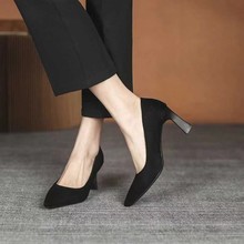 法式高跟鞋女粗跟绒面不累脚正装通勤职业黑色工作鞋