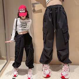 女童时尚百搭斜口袋工装裤子2024款春季宽松百搭工装束脚长裤童装