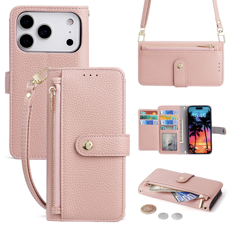 跨境适用iPhone17Pro女士拉链钱包手机皮套苹果17翻盖斜挎手机壳|undefined