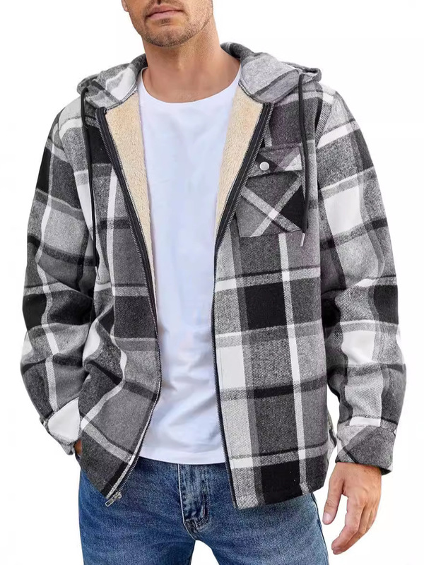 Flannel European and American Men's Jacket 2024 New Amazon Long-Sleeved Hooded Fleece-Lined Loose Men's Casual Jacket