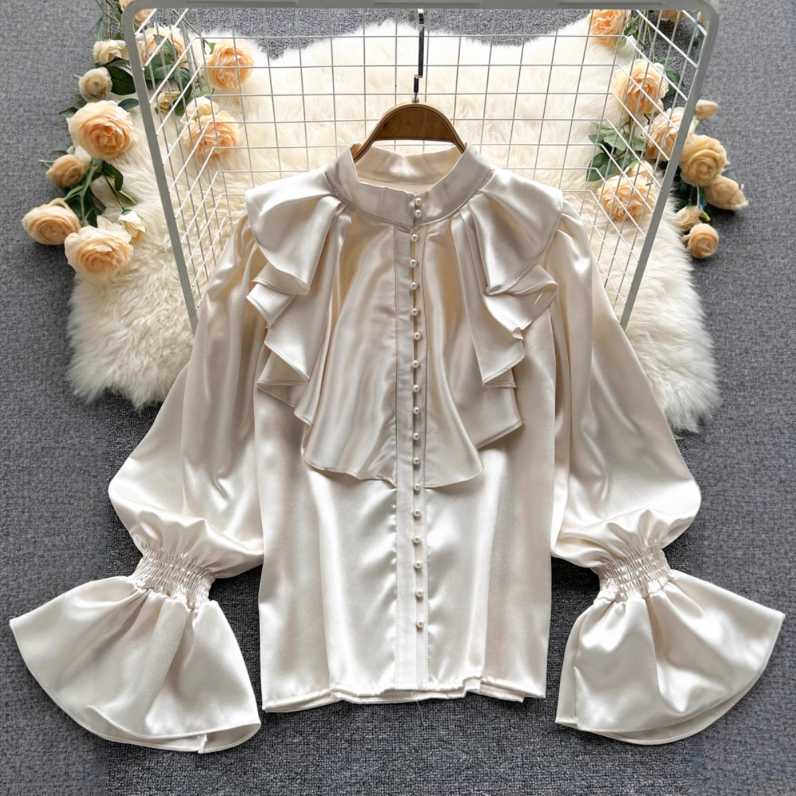 Chic GraceChic GraceChic GraceChic Foreign Trade French High-End Shirt For Women With Ruffled Stand Collar, Single-Breasted Sweet And Elegant Lantern_voghion.com