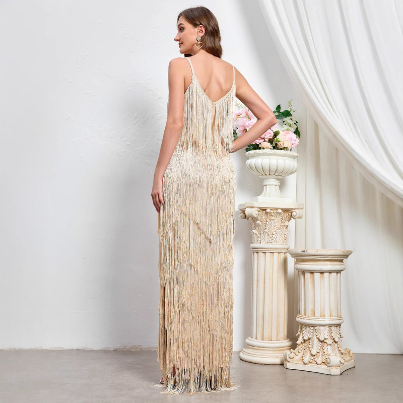 Foreign Trade New Women's Sleeveless Sexy Banquet Strap Long Dress European and American New Party Tassel Dress Foreign Trade New Women's Sleeveless Sexy Banquet Strap Long Dress European and American New Party Tassel Dress