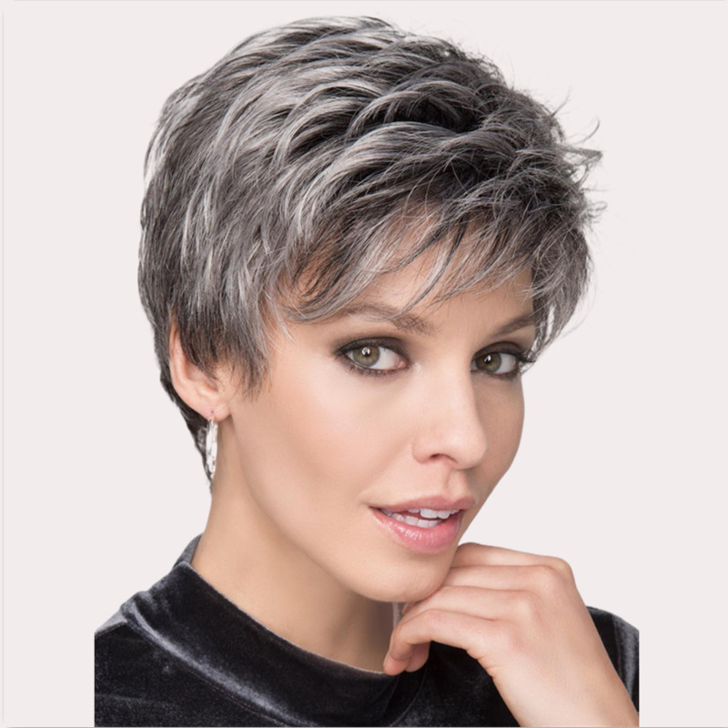 Factory direct wig short curly hair elderly gray wig oblique bangs partial high temperature silk wig a hair