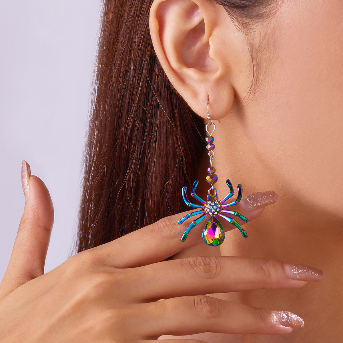Subtle exaggerated Halloween diamond studded spide, punk style, versatile, colorful and quirky tassel earrings_voghion.com