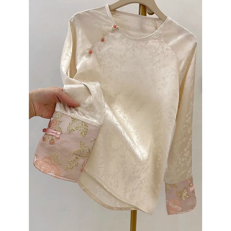 Ynew Chinoiserie Jacquard Long-sleeved EleganT Top Women's NaTional STyle BuTTon Round Neck T-shirT Spring Fashion VersaTile BoTToming Small