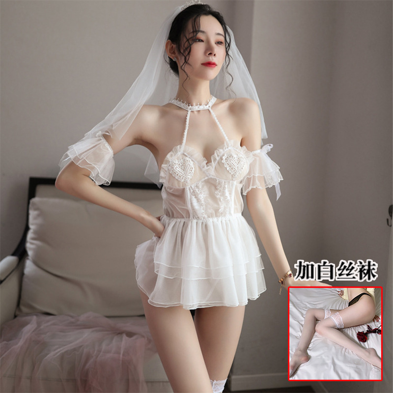 Lencería sexy vestido de novia mujer pasión uniforme encaje puro dulce vestido de novia sexy transparente princesa traje 2040