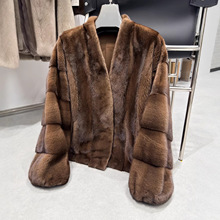 5冬新进口天鹅绒小母貂全抽貂皮大衣女立领宽松水貂皮草外套