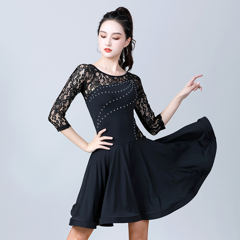 Daifa Latin Dance Costume Women's Adult New Dress Summer Long Sleeve Lace Dance Costume Women's Performance Practice Costume
