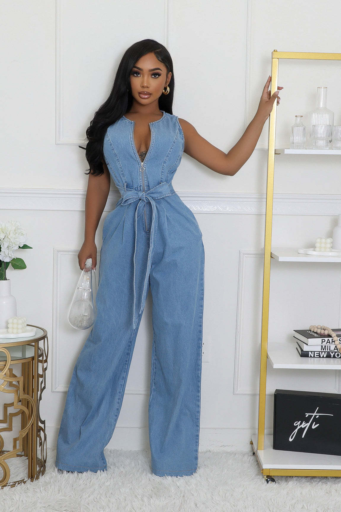 728g Weight Sleeveless Sleeve Length Full Length Pants Length Cotton, Denim Fabric Type High Waist Waist Line Jumpsuits Pants Type Bodysuits Tops Type Daily Occasion Loose Fit Type Solid Color Pattern Summer Season Women's Gender Belt Design Casual Style Women's Daily Bodysuits Casual Solid Color Full Length Belt Jumpsuits 5