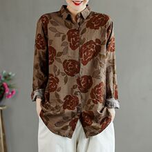 棉麻文艺复古玫瑰印花衬衫女装春秋新款百搭宽松气质翻领长袖上衣