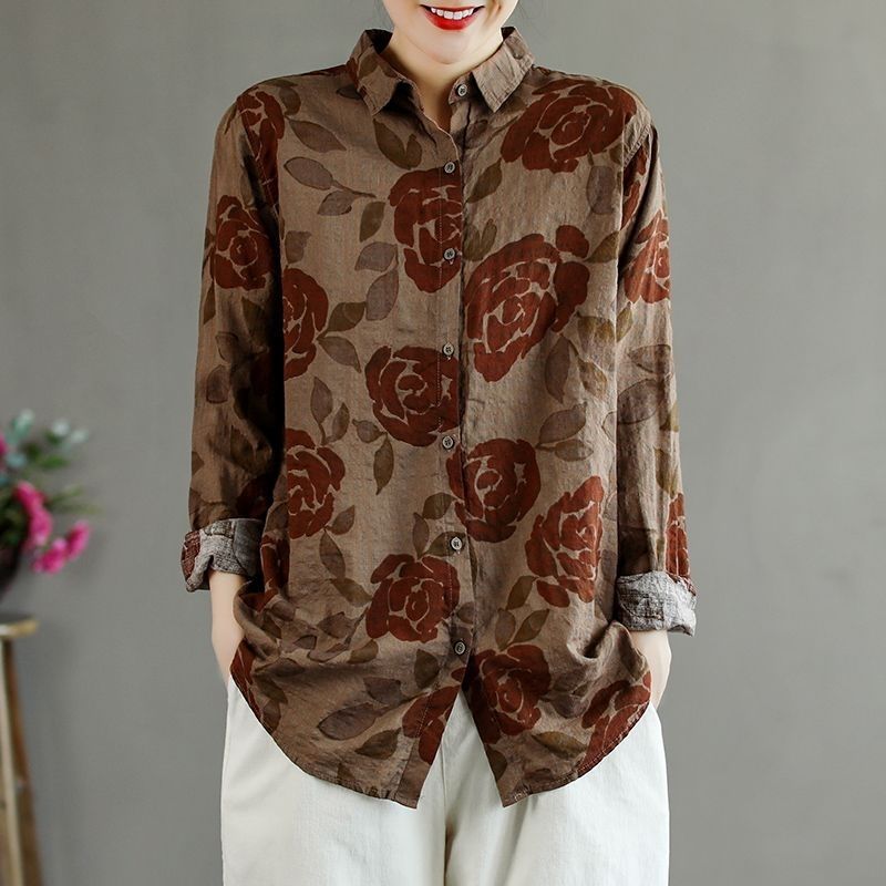 棉麻文艺复古玫瑰印花衬衫女装春秋新款百搭宽松气质翻领长袖上衣
