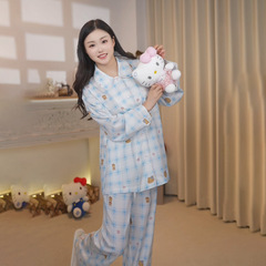 2025夏季女可爱格子kitt天丝棉宽松睡衣女长袖长裤女士家居服套装