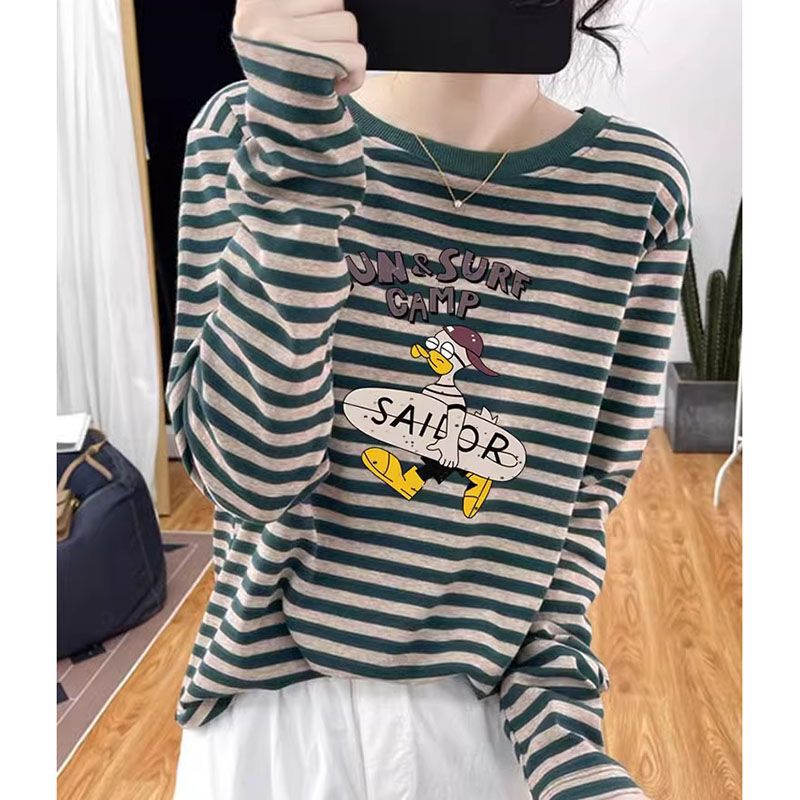 Striped Pure Cotton Long-Sleeve T-Shirt for Women, Early Autumn 2026 New Style, Slimming, Age-Reducing, Fashionable and Versatile Top, Inner Layer Base Shirt Striped Pure Cotton Long-Sleeve T-Shirt for Women, Early Autumn 2026 New Style, Slimming, Age-Reducing, Fashionable and Versatile Top, Inner Layer Base Shirt