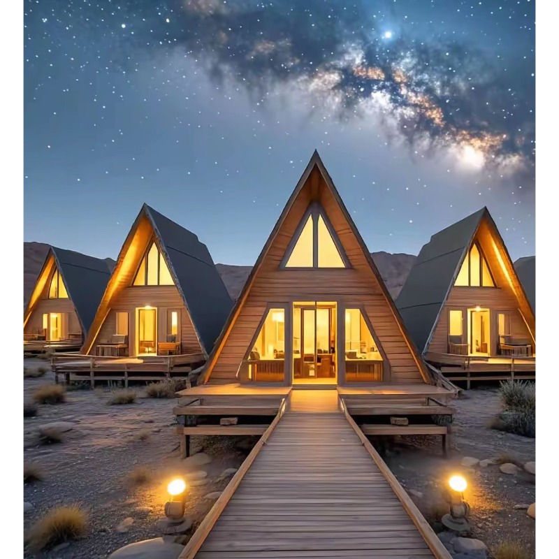 Características al aire libre de camping de lujo salvaje casa de madera triangular alojamiento residencial casa extraña pequeña casa móvil escénica casa de madera forestal