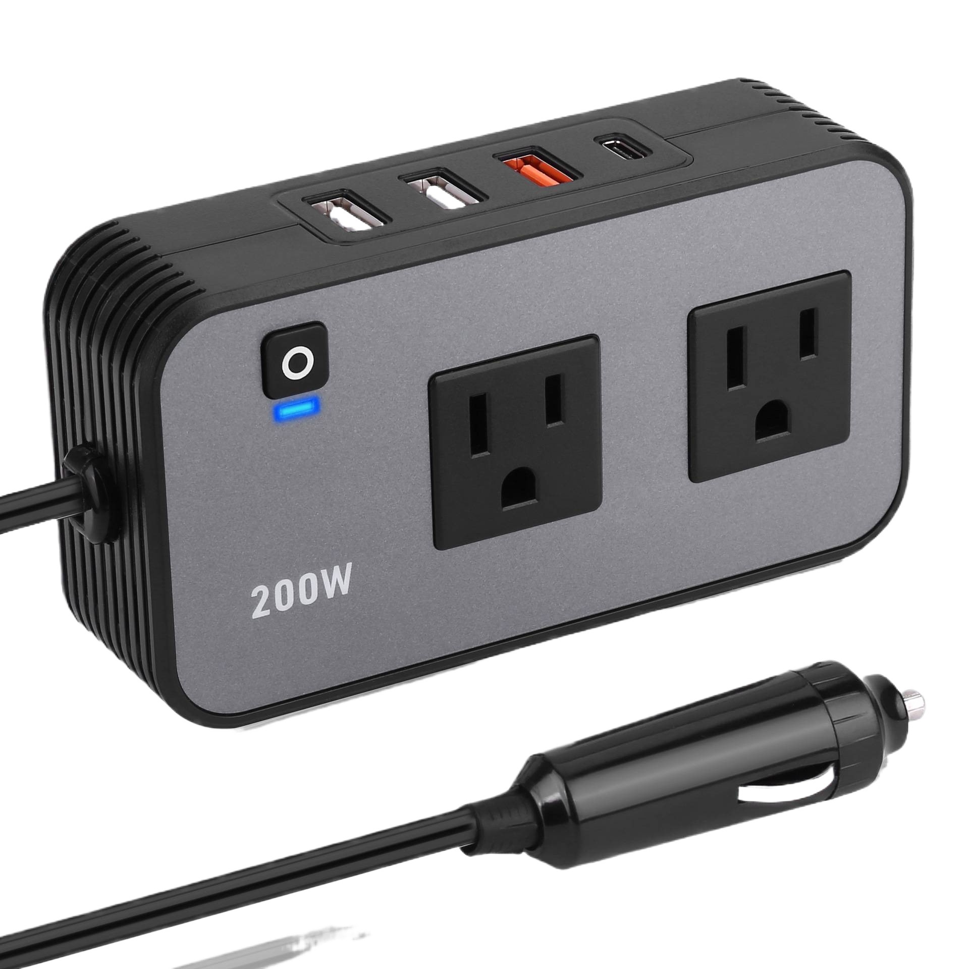 Regleta de alimentación para inversor de coche transfronterizo, inversor de coche de 200W 110V 12V estándar de EE. UU. con puerto PD