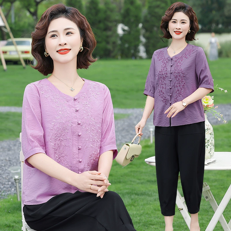 Летняя футболка для мам среднего возраста, топ с короткими рукавами и вышивкой больших размеров для женщин среднего и пожилого возраста, стильный тонкий наряд ко Дню матери.