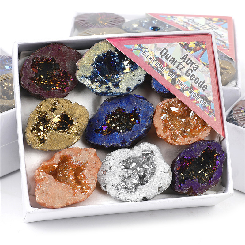 Cross-Border Foreign Trade Supply Source: Natural Crystal Cave Hollow Agate Electroplated Colorful Treasure Bowl Raw Stone Specimen Small Gift Box Set