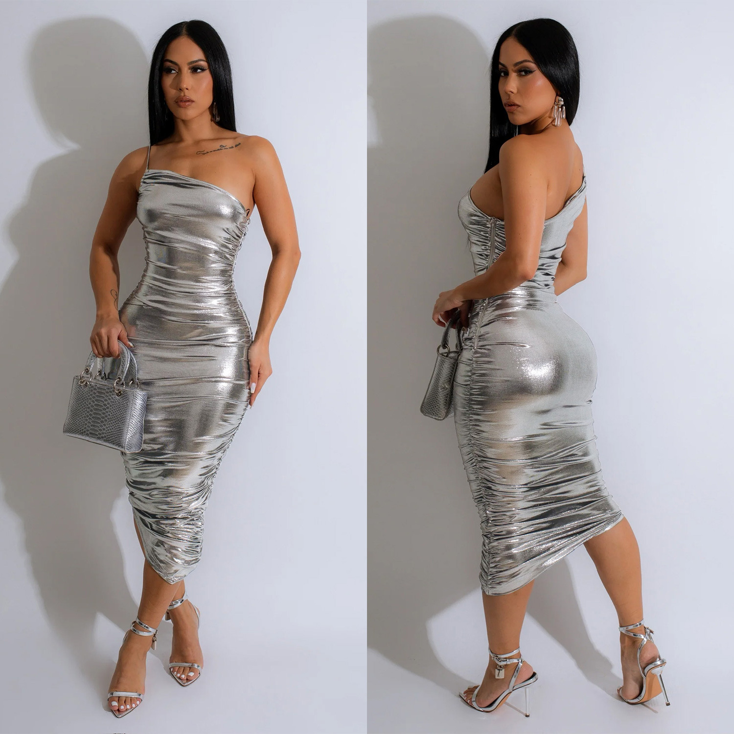 C6738 transfronteriza AliExpress Amazon moda europea y americana ropa de mujer color sólido sexy Sling cuello oblicuo vestido plisado