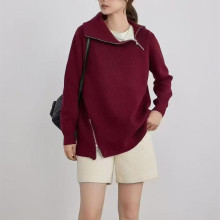 跨境翻领侧拉链套头毛衣秋冬新款纯色休闲宽松大码外贸针织衫女