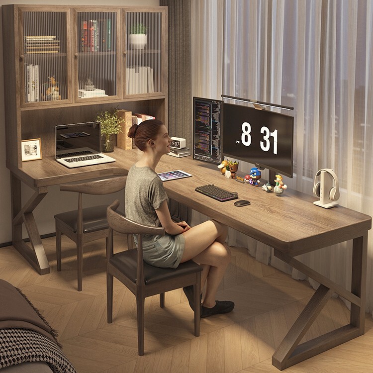 L-Shaped Desk with Integrated Glass Bookcase, Corner Desk, Solid Wood Computer Desk, Study Room, Bedroom Writing Workstation