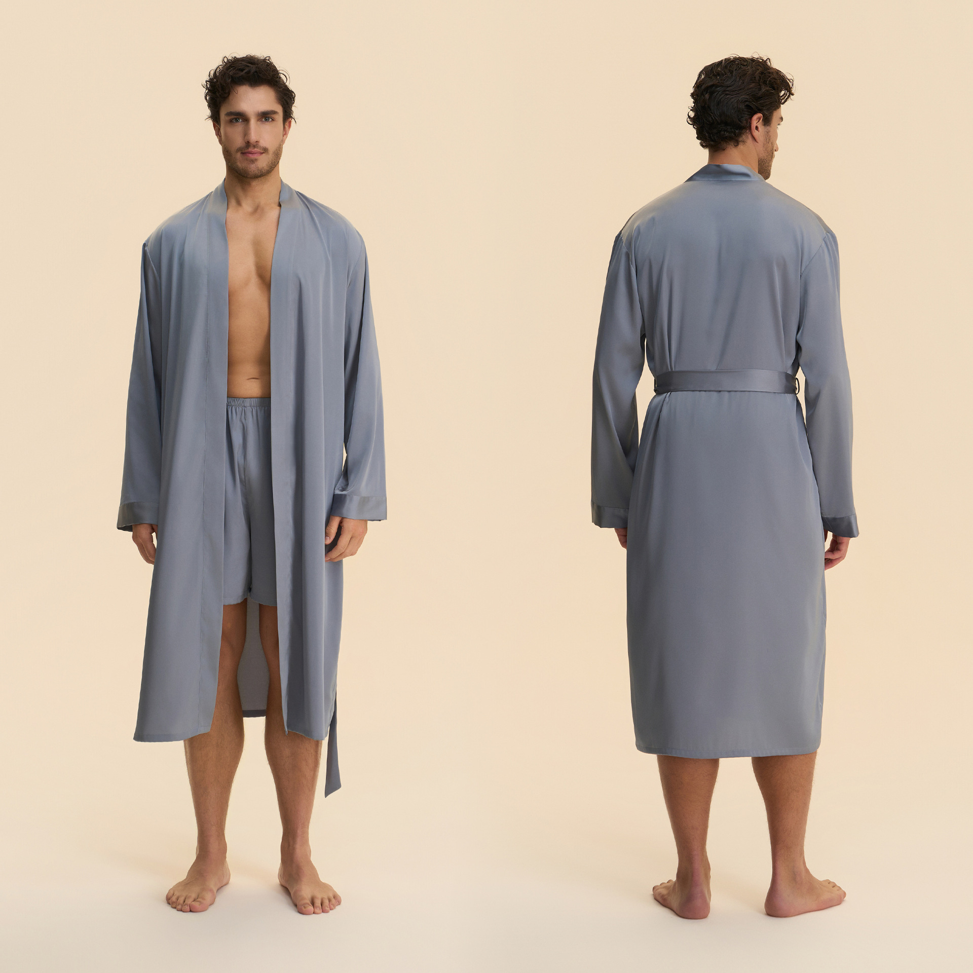 Primavera y otoño nuevo hombre transfronterizo de color sólido pijama largo corto con cara bata de baño conjunto de ropa de casa 3989