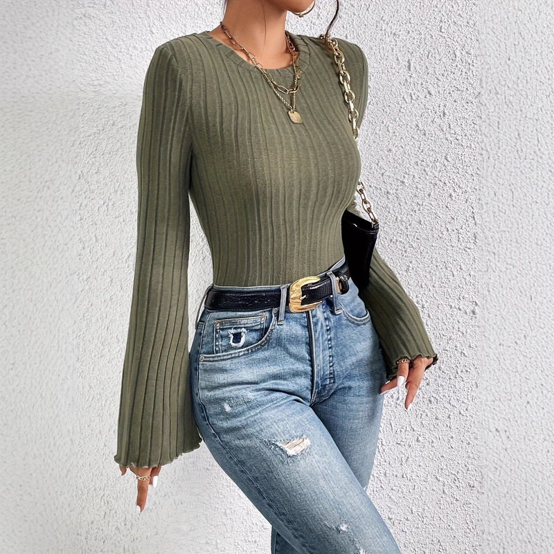 All-Net Explosive Amazon International Station Hot Selling Round Neck Horn Sleeve khaki T-Shirt Elegant Commuter All-Match Top