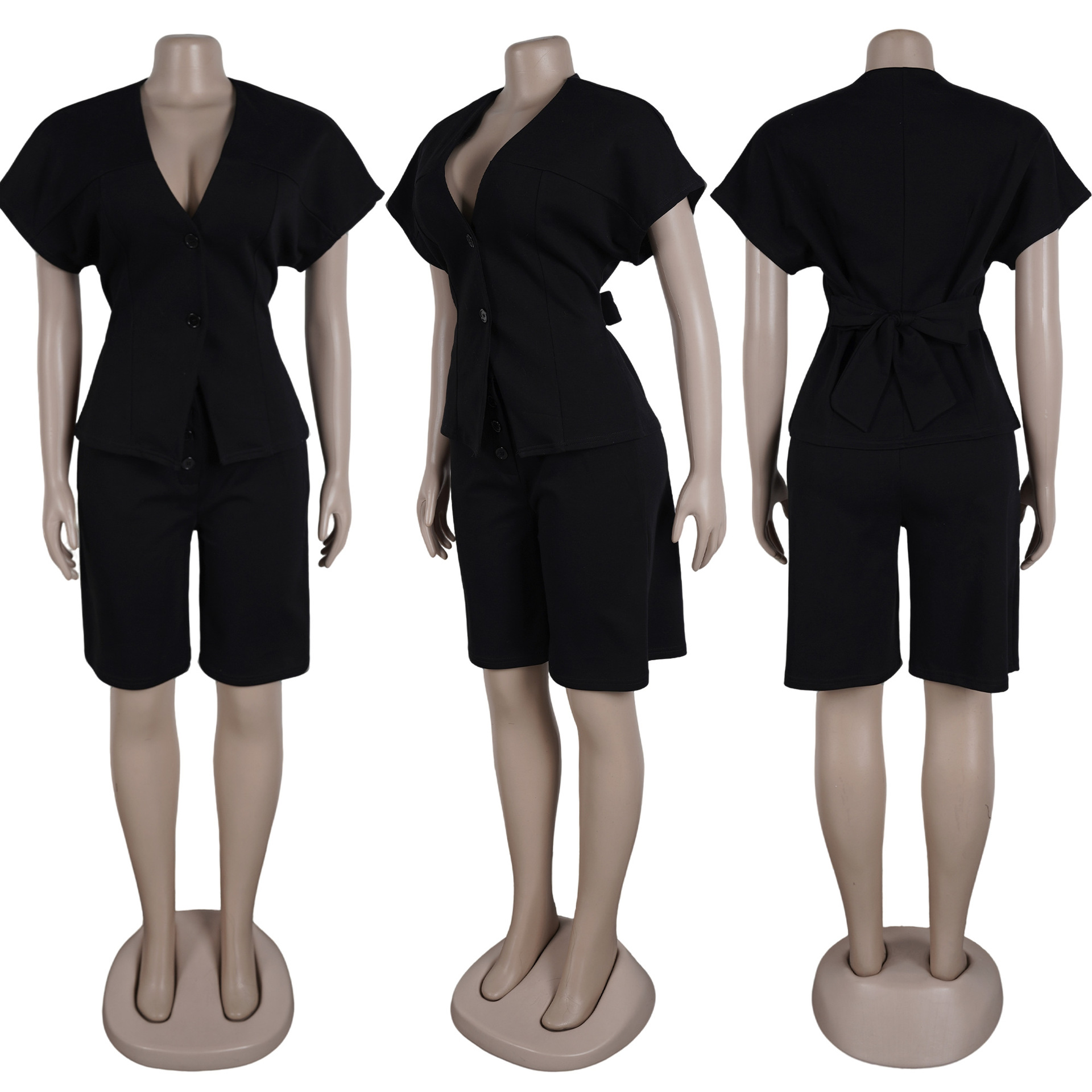 Elegant Office Two-Piece Set – Sleeveless Top & Tied Waist Shorts (Black/White/Green, S-2XL)​_ecoleips.com