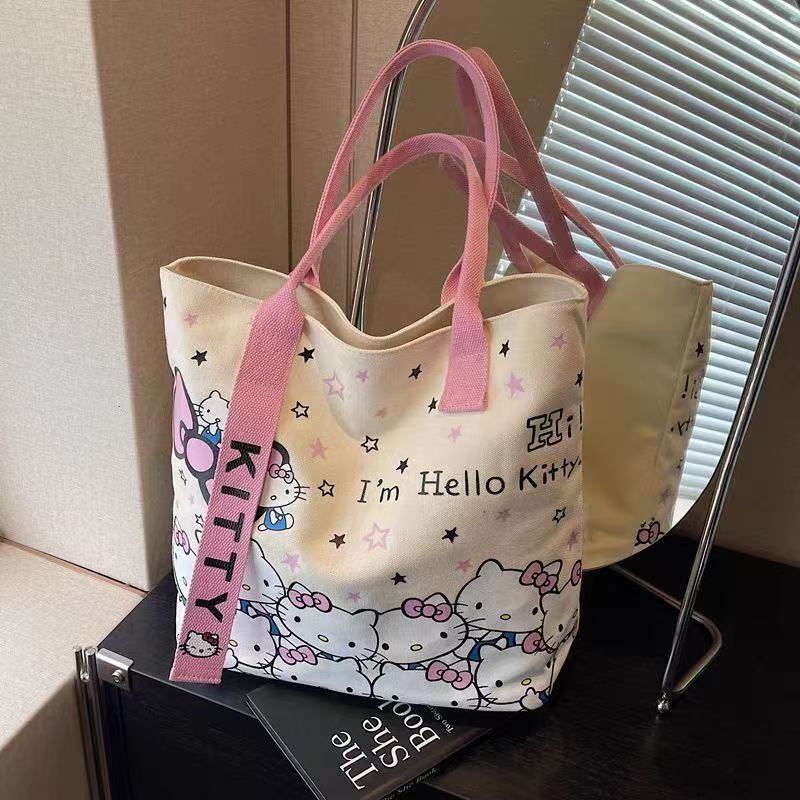 Large-Capacity Outing Bag, Canvas Bag, Versatile Commuter Handbag, Cartoon Tote Bag, Student Class Shoulder Bag