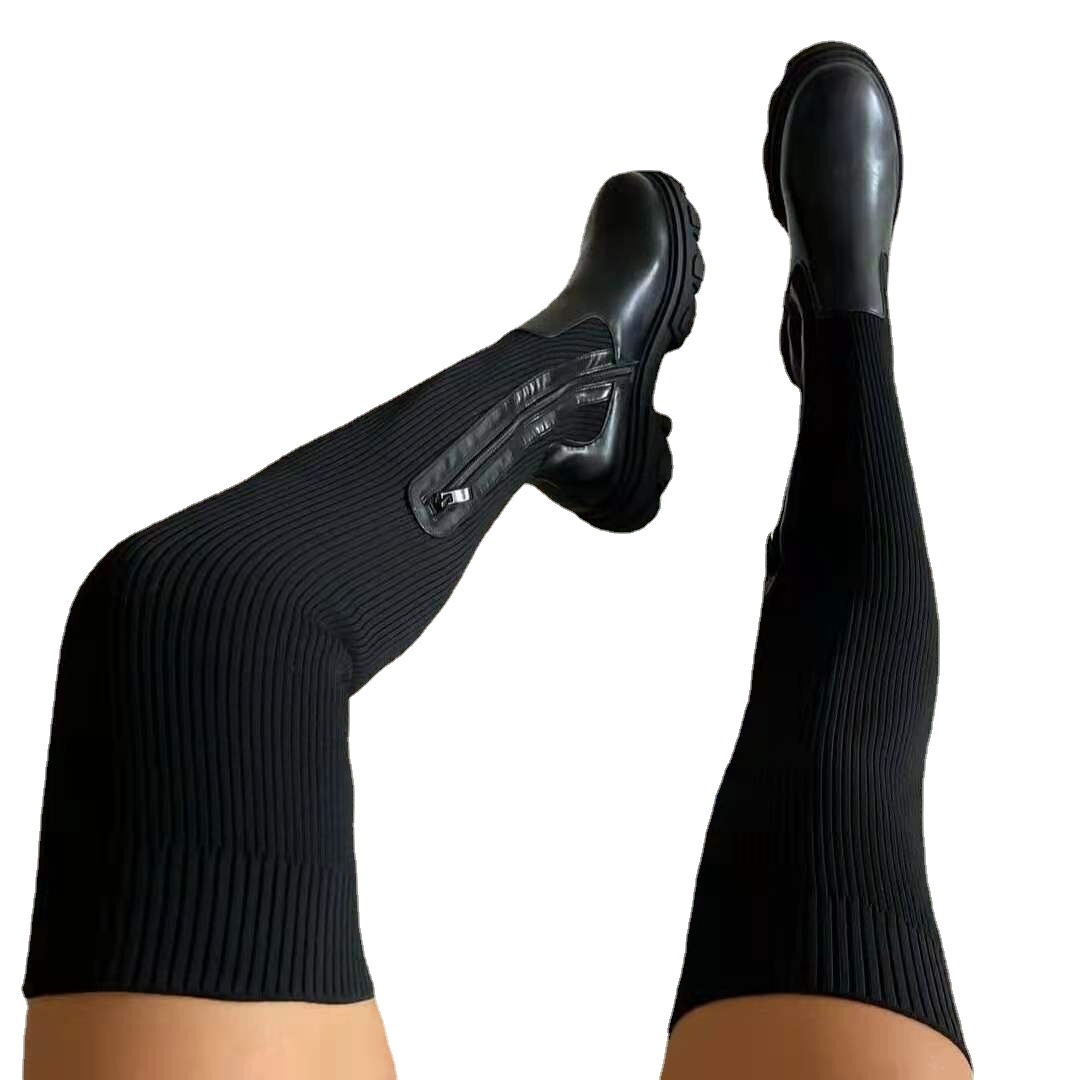Otoño e Invierno de la plataforma de comercio exterior sobre la rodilla botas de lana tejida elástica transfronteriza de las mujeres botas altas de punta redonda transpirable zapatos de una sola capa Amazon