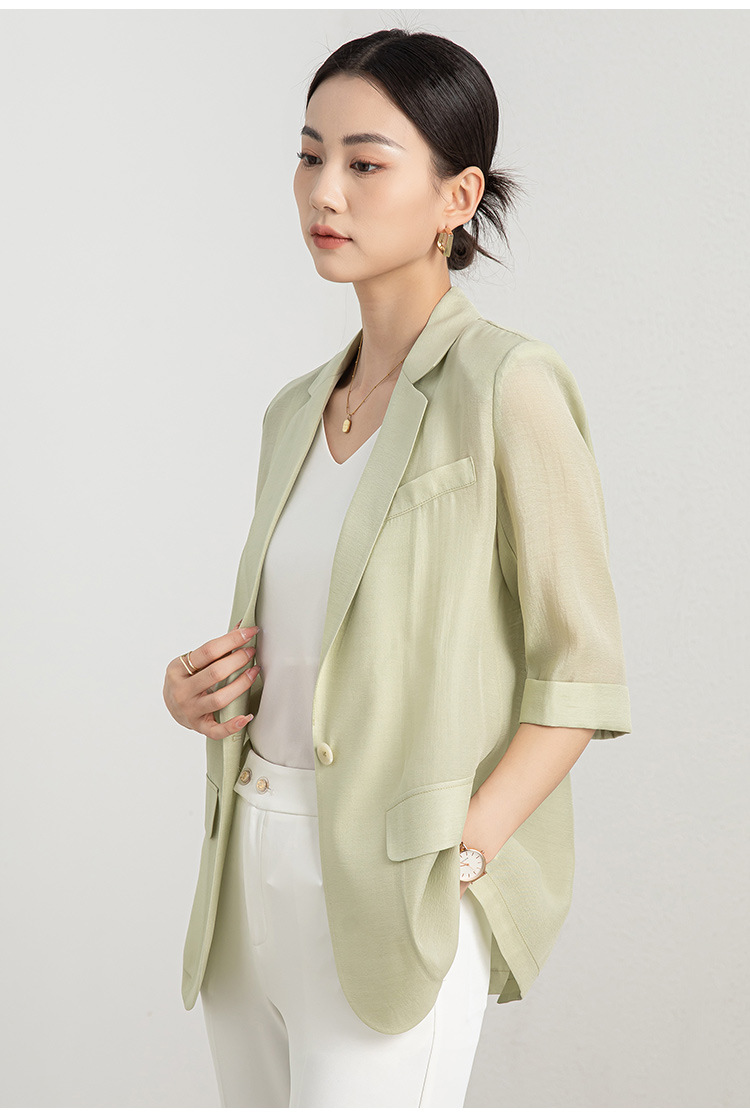 Áo blazer nữ mỏng mùa hè màu xanh lá cây dáng suông nhẹ — Màu Sâm panh chi tiết 8