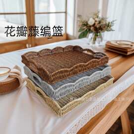 跨境家用仿藤编收纳筐蔬菜水果篮桌面杂物编织筐客厅藤编面包托盘