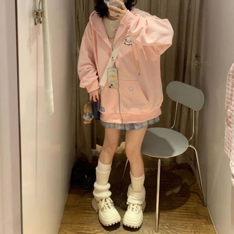 日系可爱甜美星星小狗刺绣宽松百搭连帽开衫女卫衣潮春夏薄款|undefined